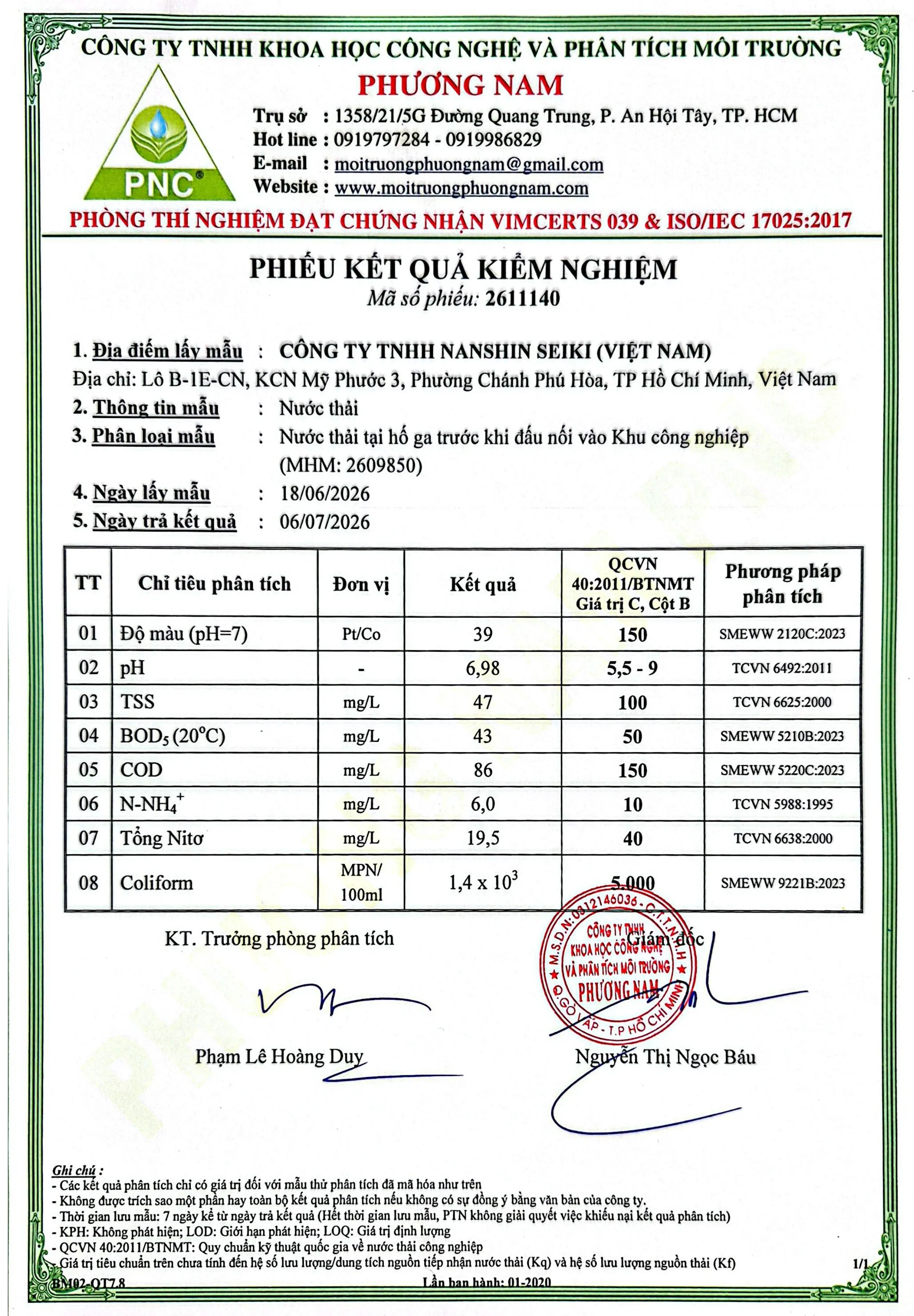 Kết quả kiểm nghiệm Nước thải