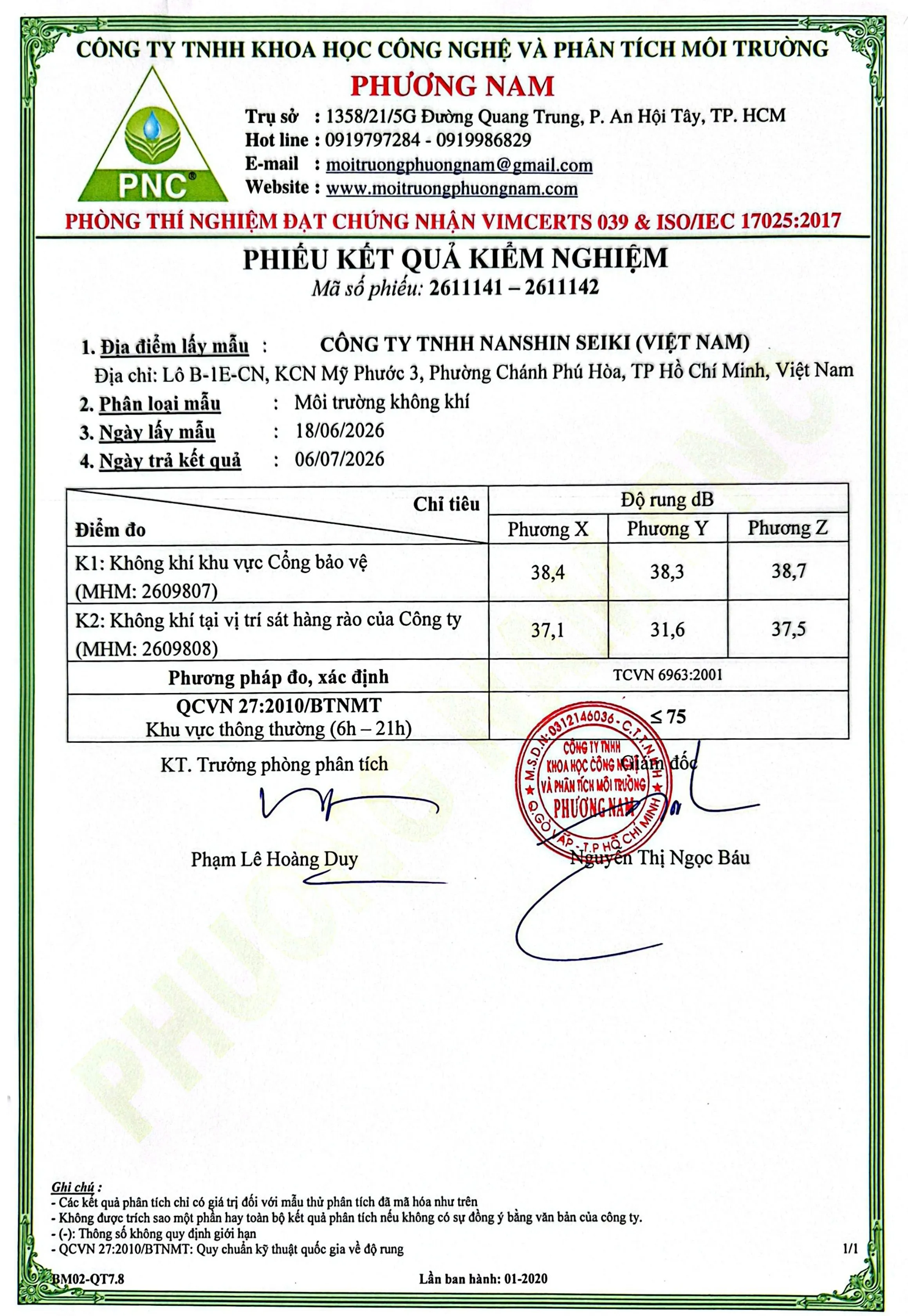 Kết quả kiểm nghiệm Không khí xung quanh